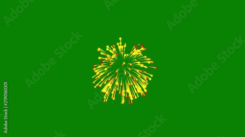 Golden fireworks animation with sparkling bursts and radiant particles isolated on a green background for celebration visuals