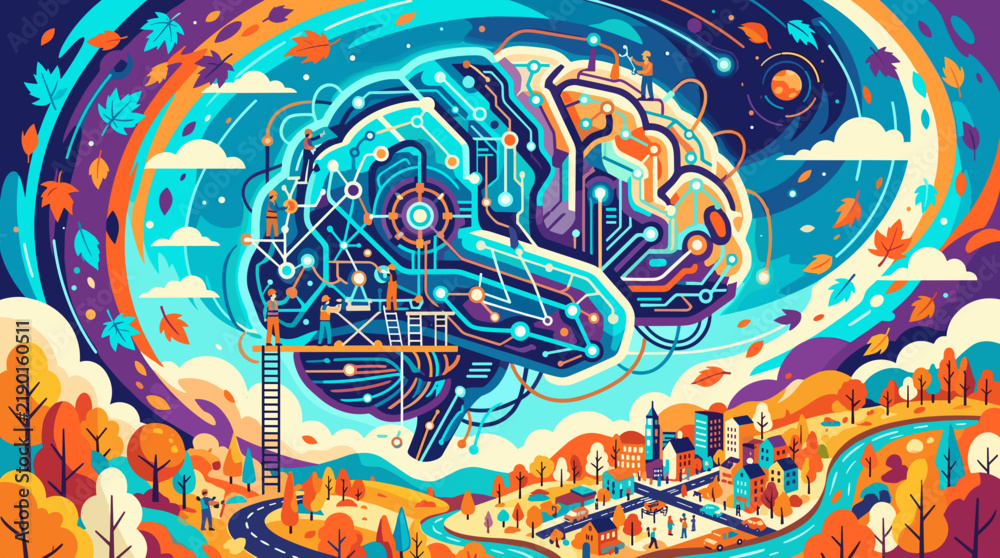Fototapeta premium Abstract illustration of a digital cybernetic brain with circuit boards floating above a autumn landscape