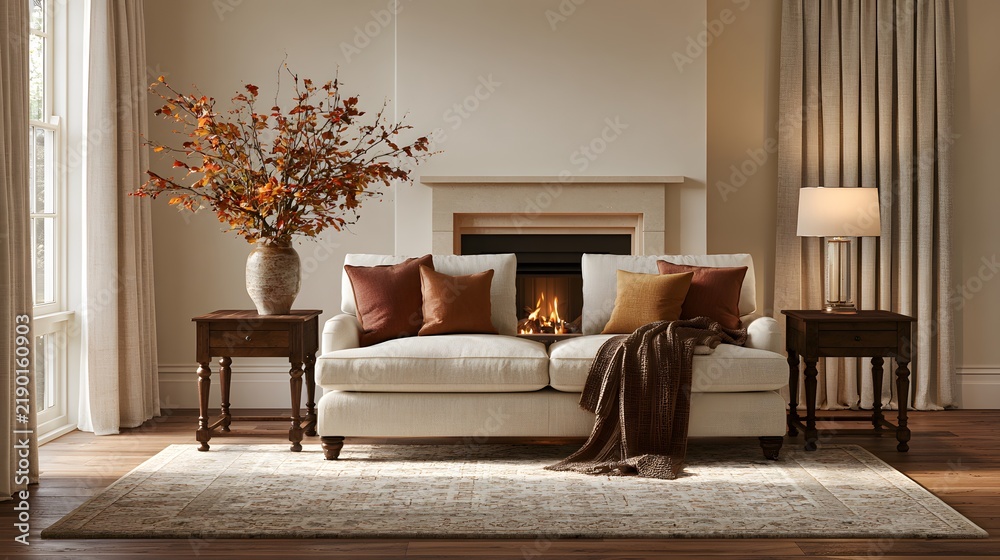 Fototapeta premium Cozy living room interior with fireplace, white sofa, autumn branches, and warm lighting