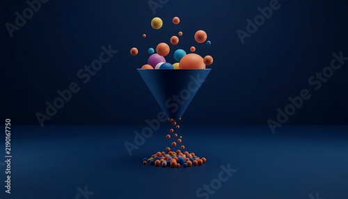 Funnel processing colorful spheres into a single stream on a dark blue background with colorful abstract business management efficiency analysis organization