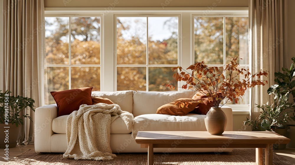Fototapeta premium Warm and bright living room decorated for fall, with a white sofa, cozy textiles, and a scenic autumn view