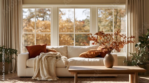 Warm and bright living room decorated for fall, with a white sofa, cozy textiles, and a scenic autumn view