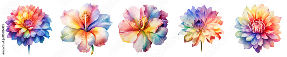 Obraz premium Watercolor style illustration of dahlia and hibiscus flowers in pastel rainbow colors