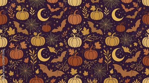Festive halloween seamless pattern featuring illustrated orange pumpkins autumn leaves flying bats sparkling stars spider webs and golden crescent moons on a dark purple background wallpaper