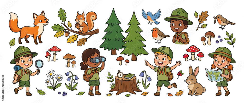 Obraz premium Cartoon Kids Exploring Nature with Animals and Forest Elements