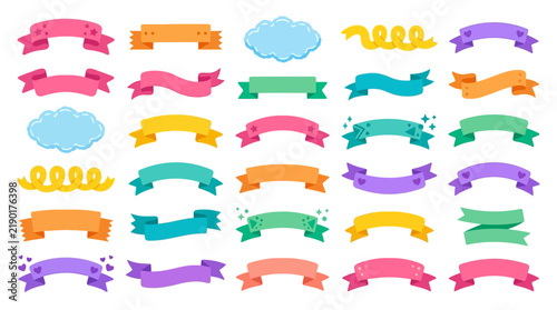 A collection of colorful flat cartoon ribbon banners and decorative shapes on a white background with cloud shapes arranged arranged grid pattern