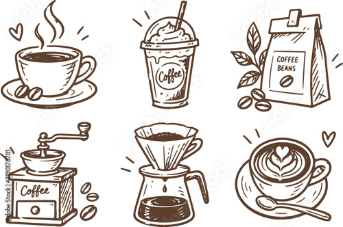 Hand Drawn Coffee Collection with Cups, Beans and Brewing Tools
