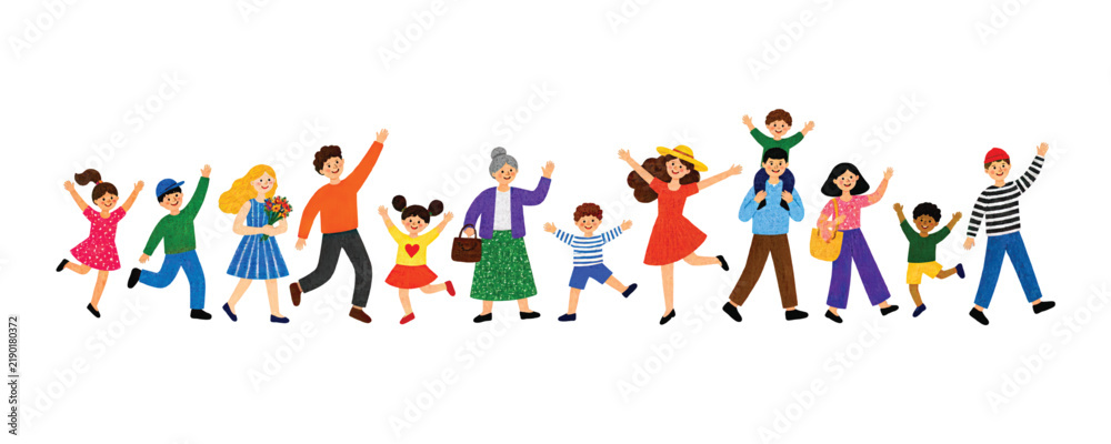 Fototapeta premium Happy group of diverse people including men women and children standing together smiling and waving hands in a joyful celebration of community and friendship in a colorful pixel art style