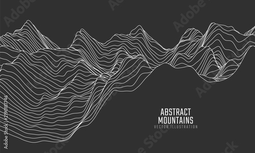 Contour mountain landscape. Waved line art. Abstract minimal topographic map. Contour lines with elevations and terrain depth. Vector illustration.