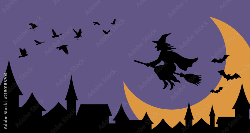 Fototapeta premium Halloween village landscape silhouette flying witch over rooftops with crescent moon and bats