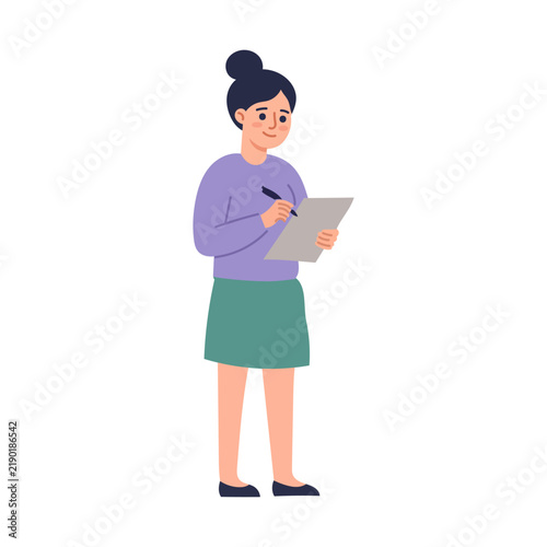 Young woman taking notes on a clipboard isolated on white background