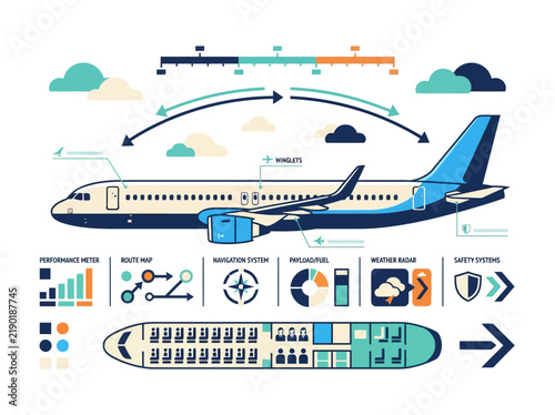 Side view commercial airplane vector infographic displaying cabin seating layout and flight stats on white background