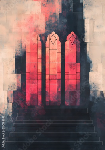 Abstract digital stained glass windows in pink hues with layered design and geometric pattern creating a moody atmosphere