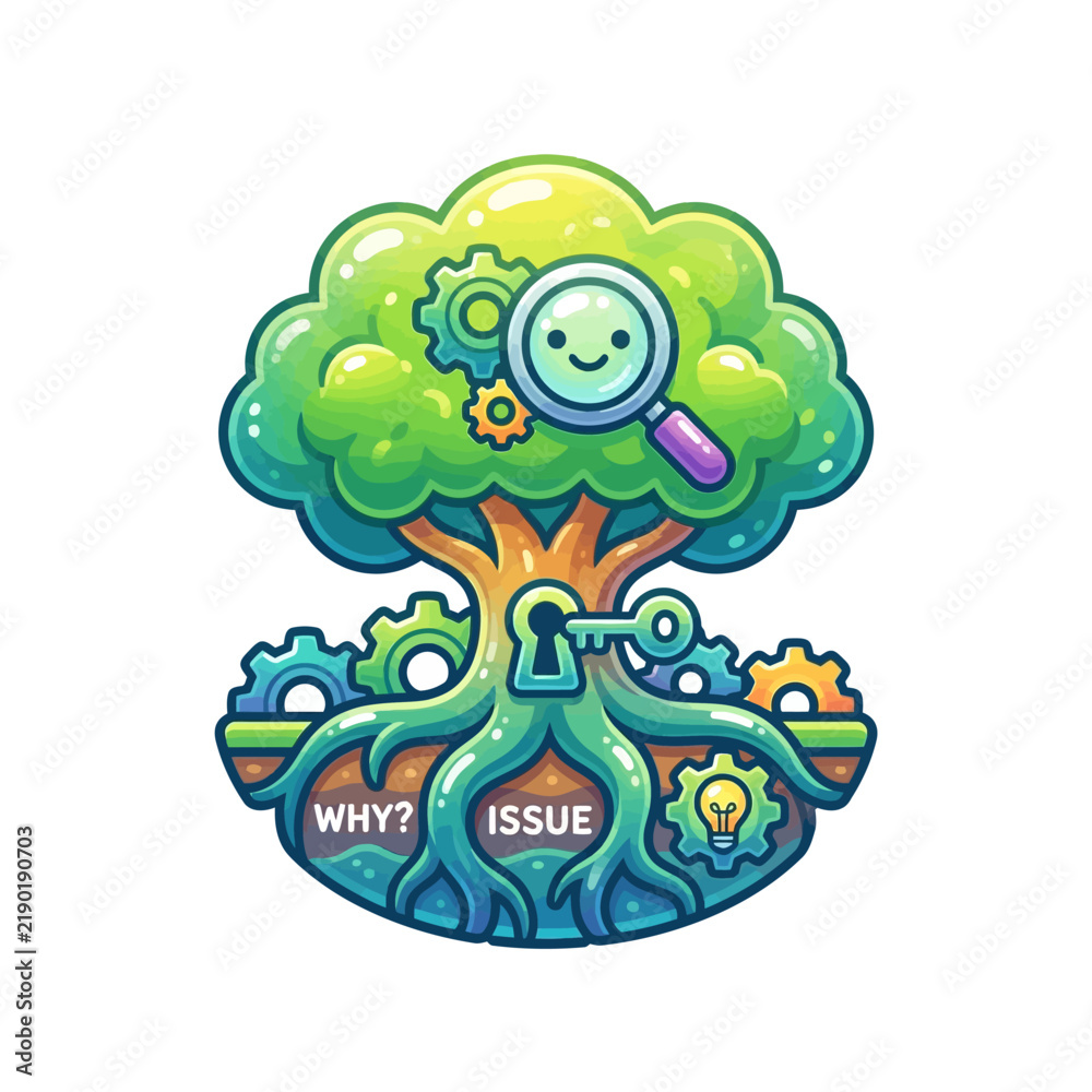 Fototapeta premium Root Cause Analysis Concept with Tree, Gears and Magnifying Glass