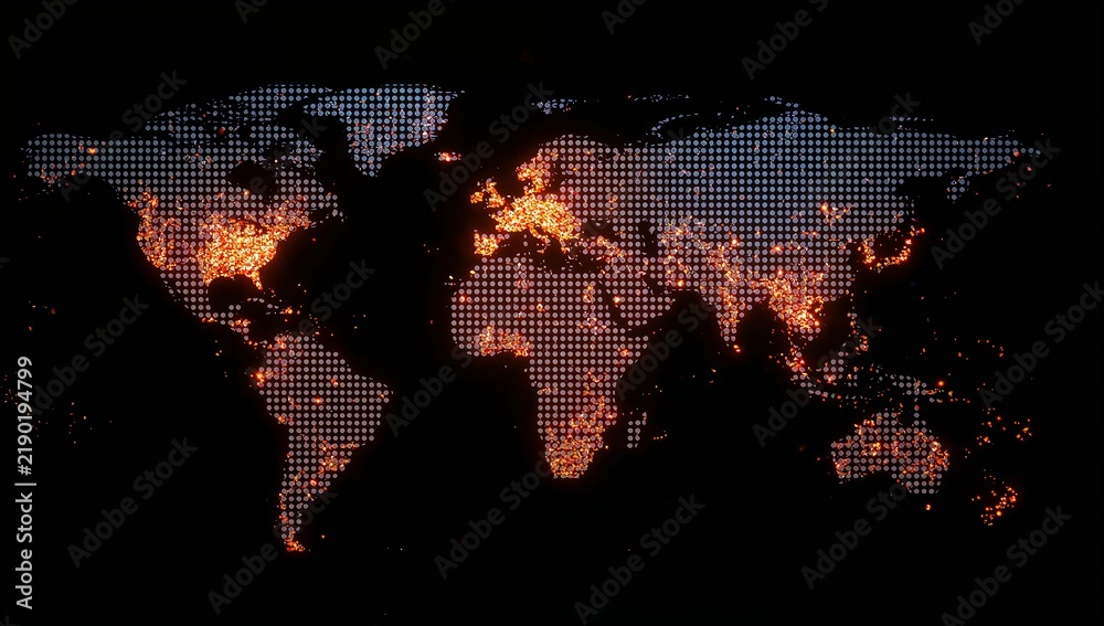 Obraz premium Illuminated World Map with City Lights Depicting Global Urbanization and Nighttime Infrastructure