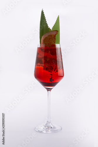 Cuadro en lienzo Red cocktail in stemmed glass with grapefruit slice and green leaf