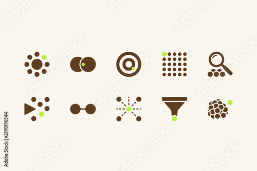 Abstract similarity search symbols in cocoa brown and lime, ten minimal dot cluster marks