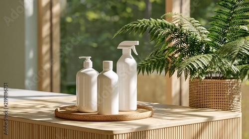 Minimalist white cosmetic bottles on wooden tray with green houseplant