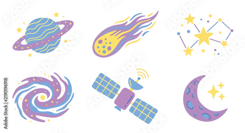 Cute cartoon space elements vector illustration set