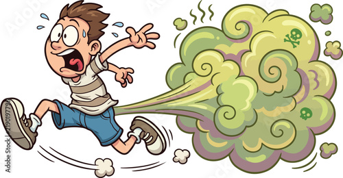 Funny fart comic illustration of a young boy running away from a large stinky toxic green cloud of flatulence