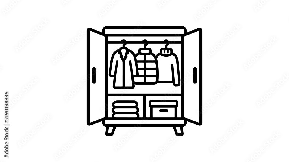 Obraz premium Open wardrobe cabinet with hanging clothes storage furniture home icon.