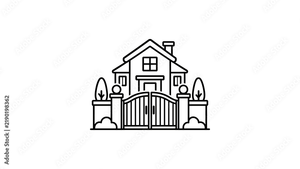 Fototapeta premium Outline house with fence and gates vector icon, private property.