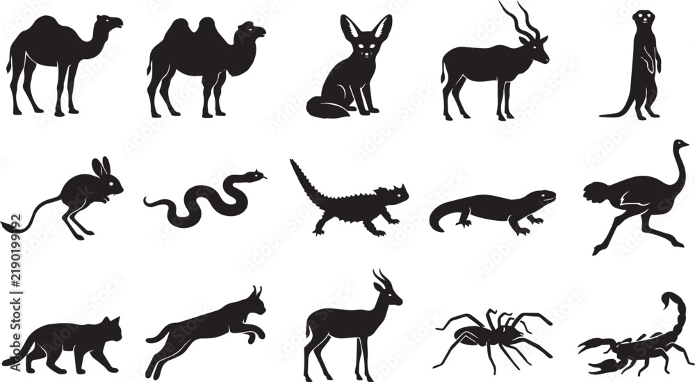 Fototapeta premium Set of black silhouettes of sahara desert animals, including camels, fennec fox, ostrich, scorpion, snake, lizard, and various antelopes