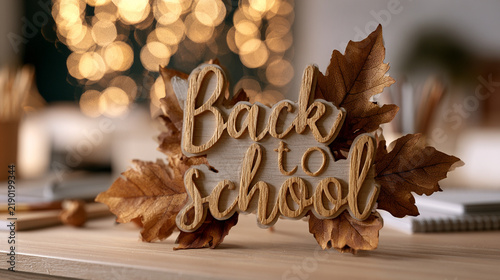 Wooden back to school sign with autumn leaves and warm bokeh lights