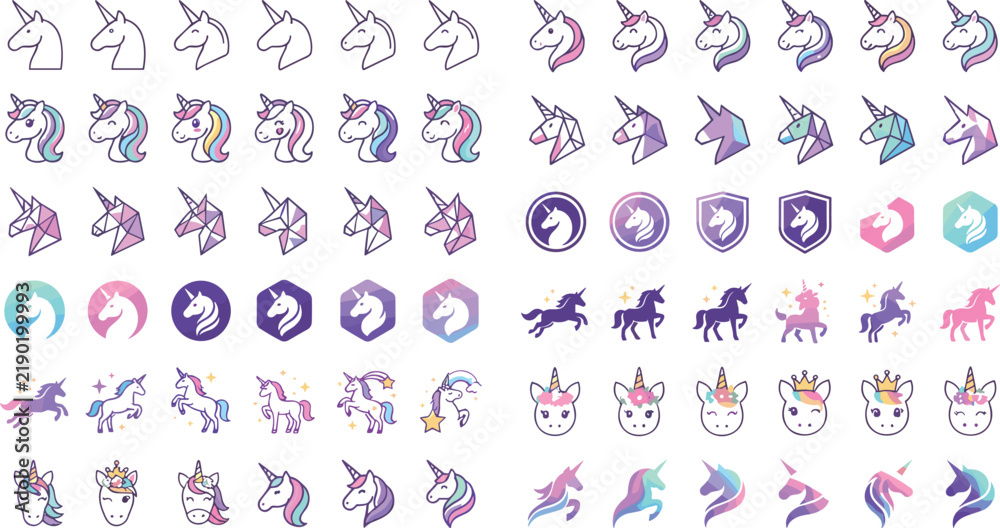 Obraz premium Cute Unicorn Logo and Icon Vector Set with Pastel Gradient Geometric Badges and Fantasy Avatar Symbols for Branding Game Design and App UI
