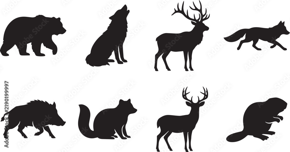 Fototapeta premium Set of eight black silhouettes of forest animals including a bear, howling wolf, stag, fox, wild boar, raccoon, deer, and a beaver