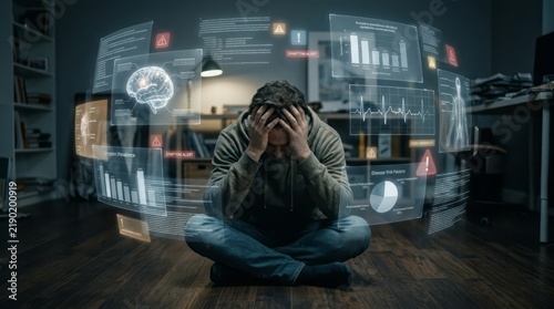 Stressed Man Surrounded by Digital Data