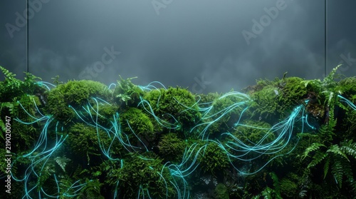 Futuristic Greenery with Neon Lights Moss Ferns Neon Lights Futuristic Nature Technology Environment. Concept featuring moss, ferns, neon lights, futuristic, nature for professional commercial design.