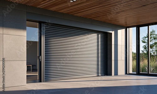 Modern exterior garage door with metallic shutter on contemporary building