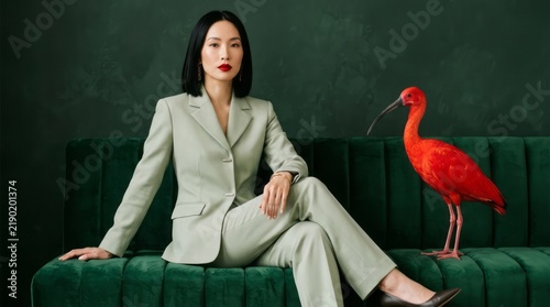 Elegant Woman in Suit with Scarlet Ibis