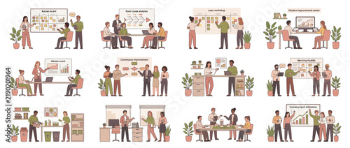 Business Team Collaboration and Project Management Flat Illustration Set