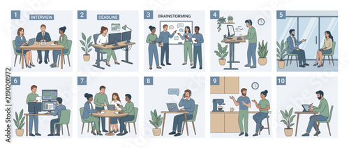 Business Meeting Stages: Interview, Deadline, Brainstorming, Work, Collaboration