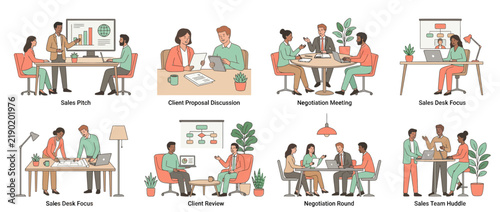 Business Meeting Scenes: Sales Pitch, Negotiation, Client Review, Team Huddle