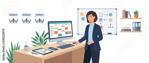 Businesswoman managing schedule on computer, planning meeting rooms and flowchart on whiteboard