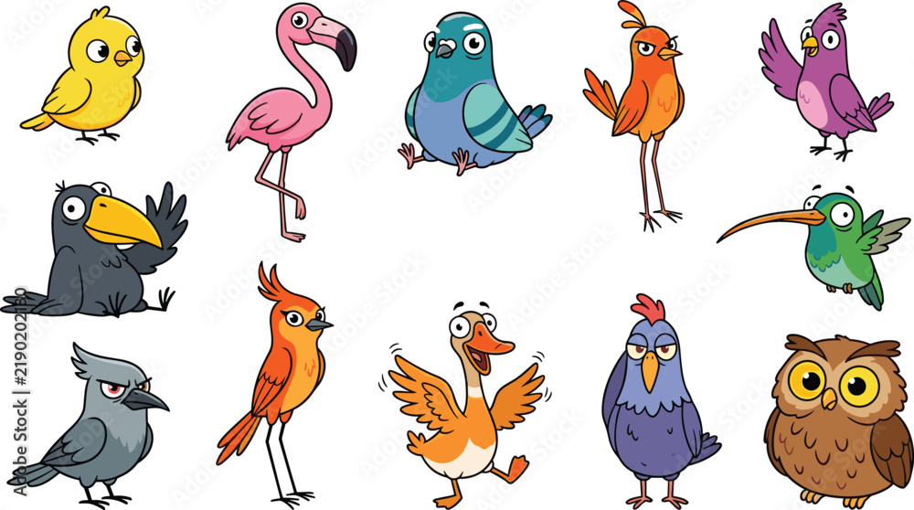 Obraz premium Cute cartoon vector set of funny colorful birds and funny characters with various expressions and poses.