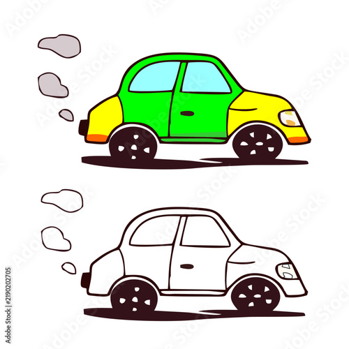 A cartoon car in green and yellow, shown moving and emitting gray smoke. A white version is also available, suitable for children's coloring activities or as a design element.