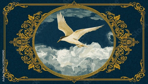Elegant Swallow Flying with Wings Spread in Ornate Gold Frame Over Clouded Sky