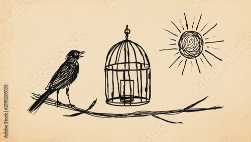 Hand-drawn style illustration of bird, cage, and sun on beige background