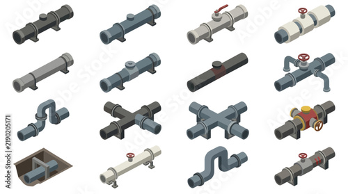 Фотография Elegant Collection of Isometric Plumbing Pipe Fittings and Valves in Monochrome