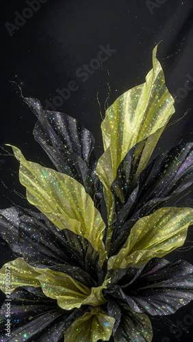 Unfolding lime-gold glitter silk petals on black