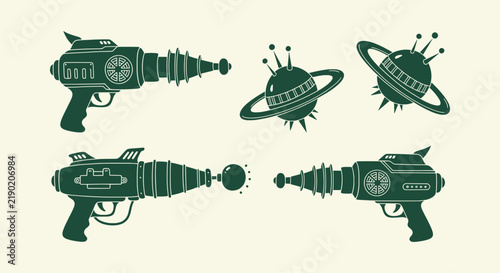 Foto Retro Space Ray Guns and Alien Flying Saucers Collection Graphic Elements Vector