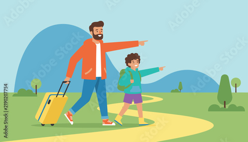 Father and son on an outdoor vacation walking along a yellow path in nature and pointing at a scenic view.