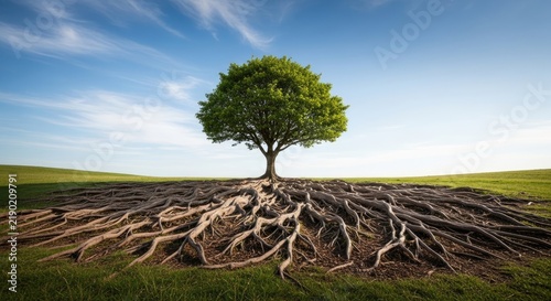 A solitary tree stands prominently on a raised mound, its expansive roots dramatically exposed beneath the earth.
