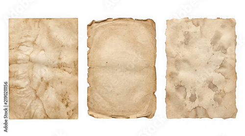 Set of three old vintage paper sheets with stained texture and torn edges isolated on transparent background