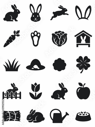 Rabbit and Gardening Icon Set Black Silhouettes of Bunnies Plants and Farm Symbols