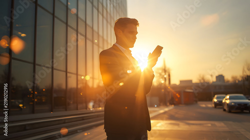 Businessman using smartphone at sunset with lens flare